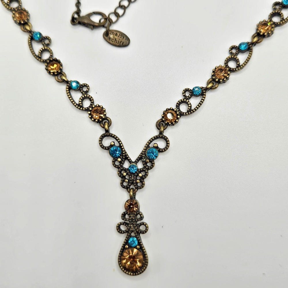Vintage Marlyn Schiff Floral Rhinestone Necklace Retro 80s 90s Style Blue Yellow